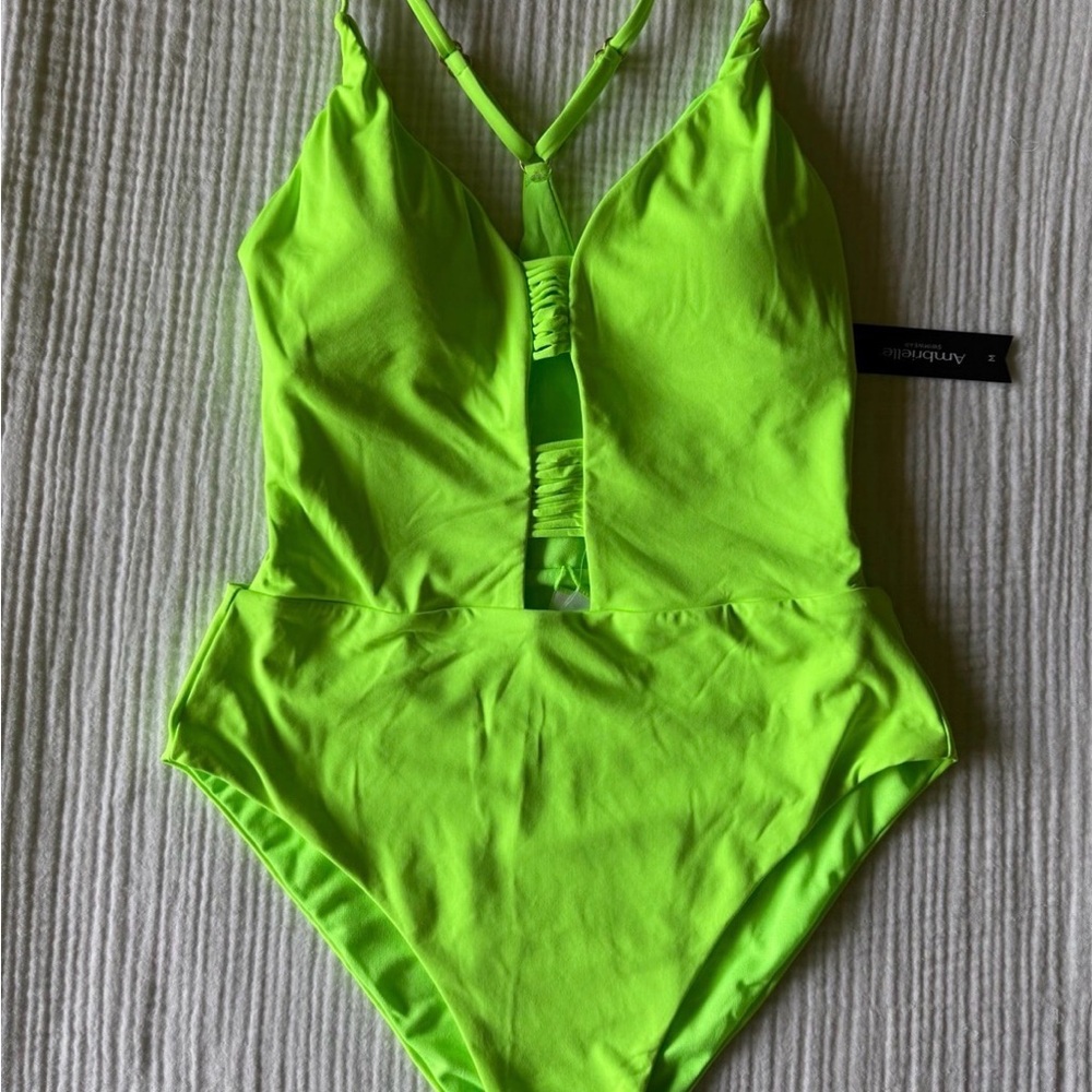NEW Ambrielle Neon Lime Green One Piece Cut Out Adjustable Swimsuit size Medium